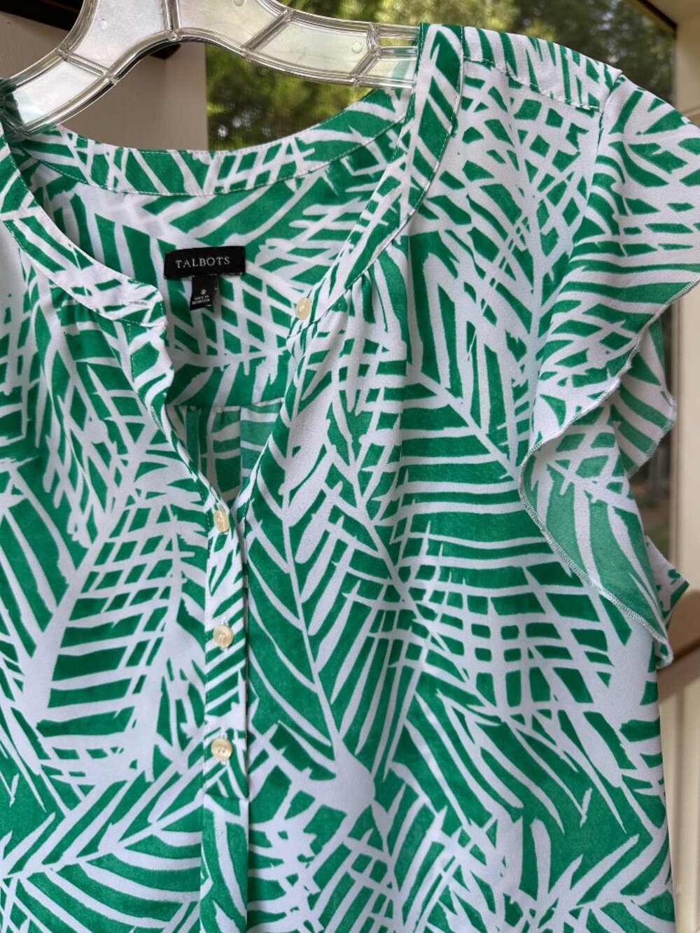 Talbots Tropical Leaf Print Flutter Sleeve Blouse Top Kelly Green White Size 8